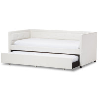 Baxton Studio Frank-White-Daybed Frank Button-Tufting Sofa Twin Daybed with Roll-Out Trundle Guest Bed